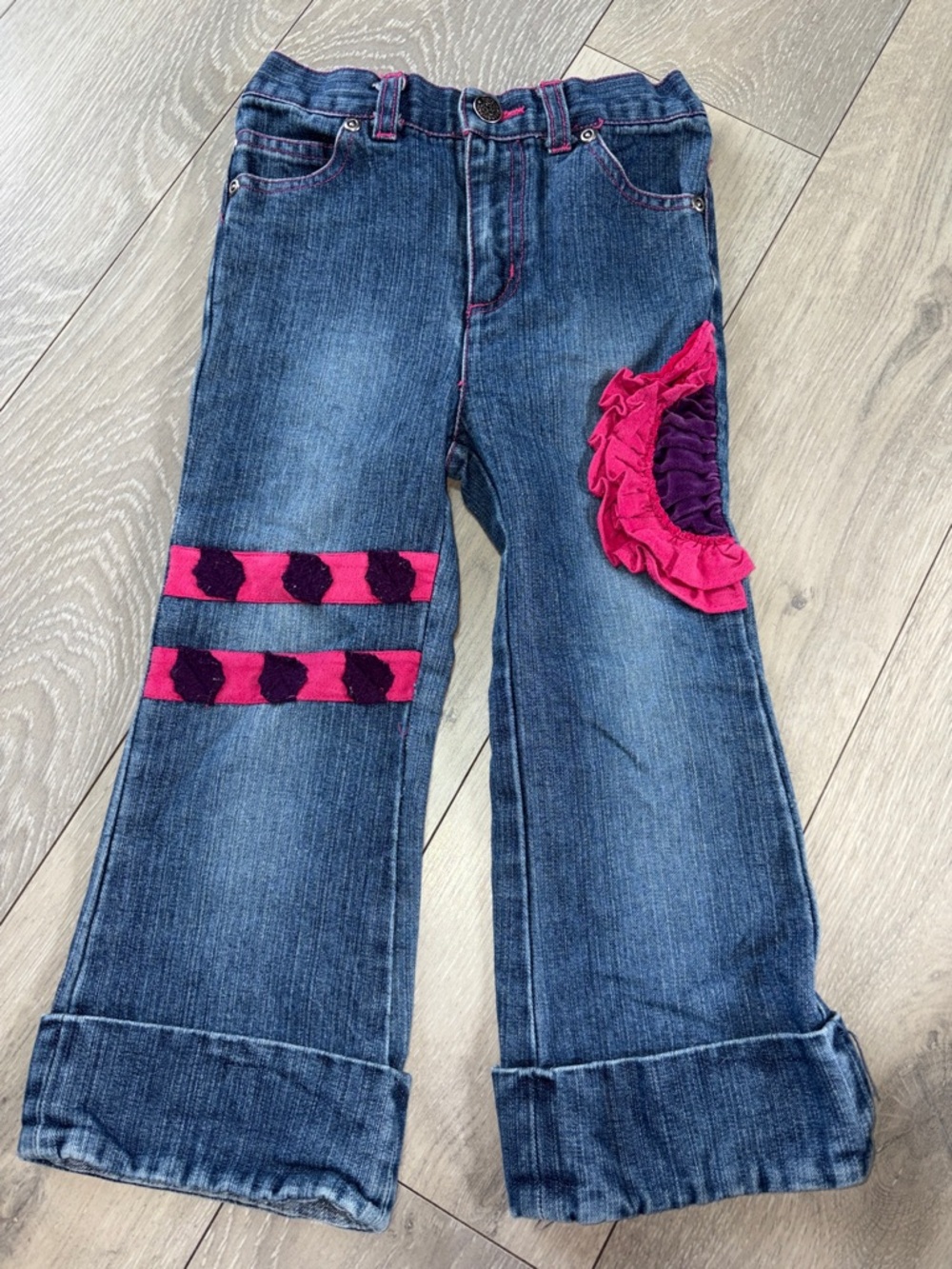 Girls' Dark Blue Denim Jeans with Pink & Purple Ruffle Accent